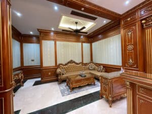 thi công nội thất phòng khách gỗ gõ đỏ
