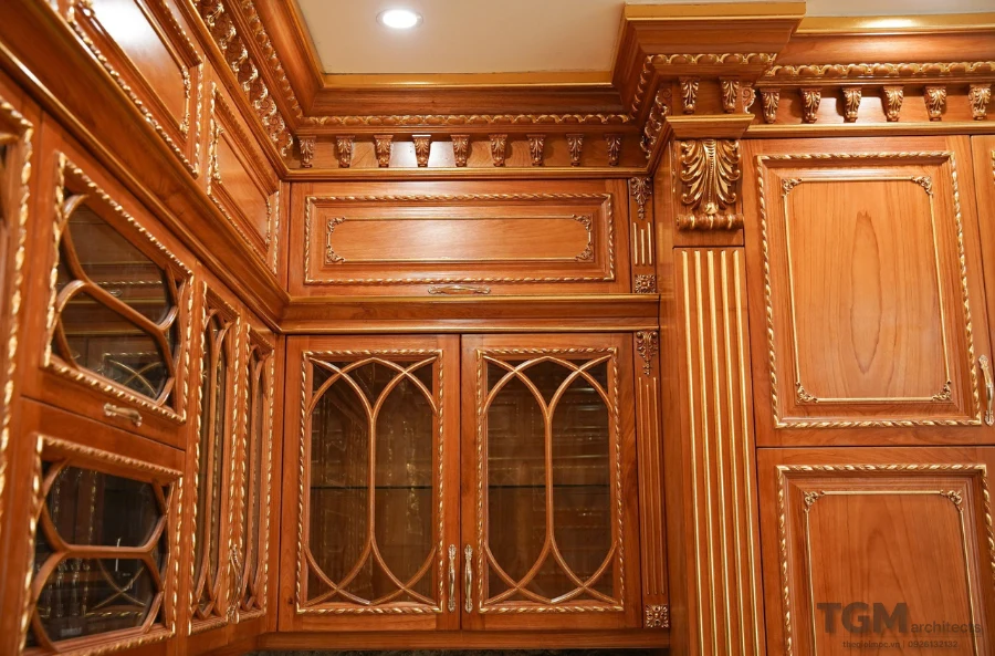 Vật liệu gỗ gõ đỏ làm tủ bếp nguyên khối