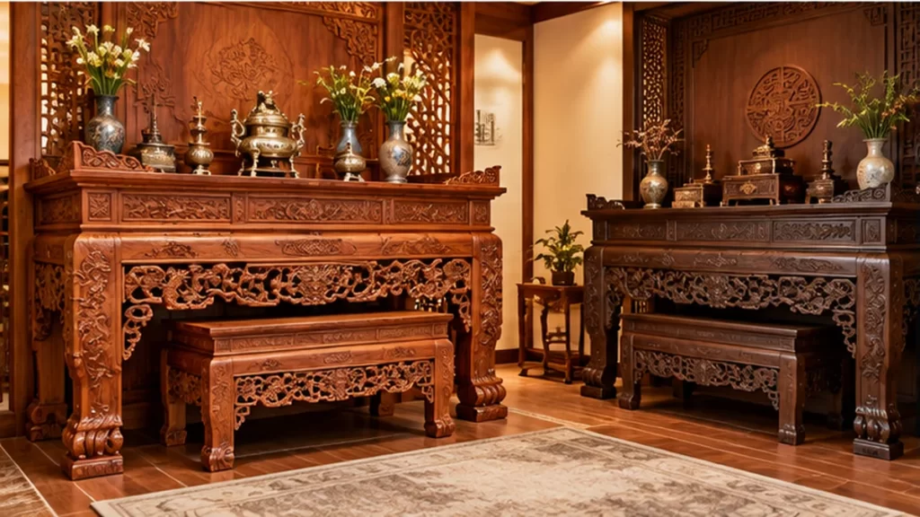So sánh gỗ gõ đỏ và gỗ gụ: loại nào tốt hơn cho bàn thờ và nội thất? 17 Không gian phòng thờ truyền thống với bàn thờ và án gian gỗ tự nhiên chạm khắc hoa văn.