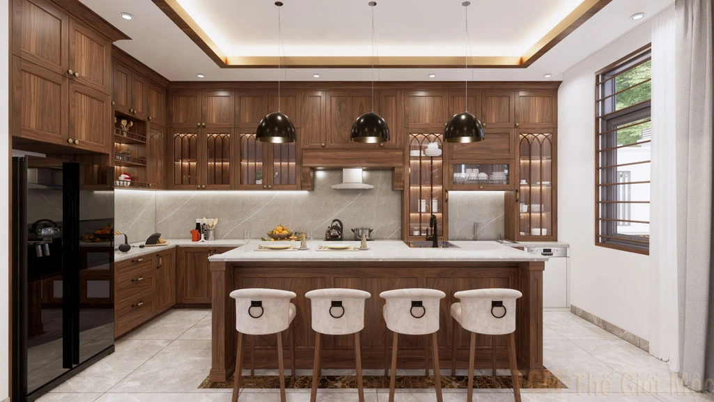 Tủ bếp gỗ óc chó mang vẻ đẹp sang trọng, đẳng cấp với gam màu nâu trầm đặc trưng, lý tưởng cho không gian bếp hiện đại.