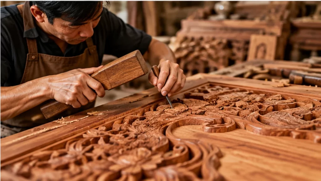 So sánh gỗ gõ đỏ và gỗ gụ: loại nào tốt hơn cho bàn thờ và nội thất? 15 Thợ mộc sử dụng dụng cụ thủ công để chạm khắc hoa văn trang trí trên tấm gỗ tự nhiên.