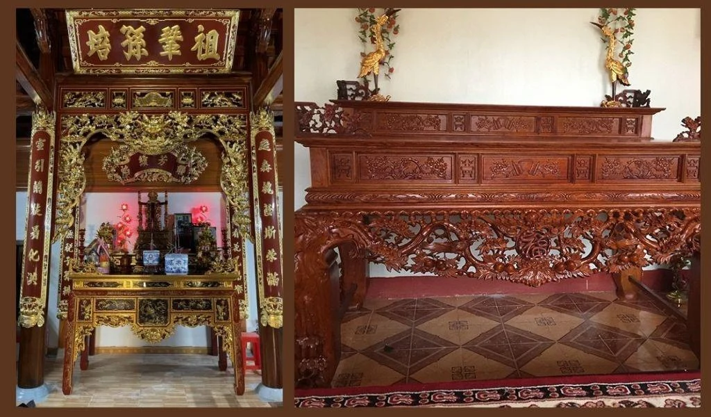 So sánh gỗ gõ đỏ và gỗ gụ: loại nào tốt hơn cho bàn thờ và nội thất? 16 Ảnh ghép minh họa mẫu vân gỗ, đồ thờ truyền thống và công đoạn chạm khắc nội thất gỗ tự nhiên.