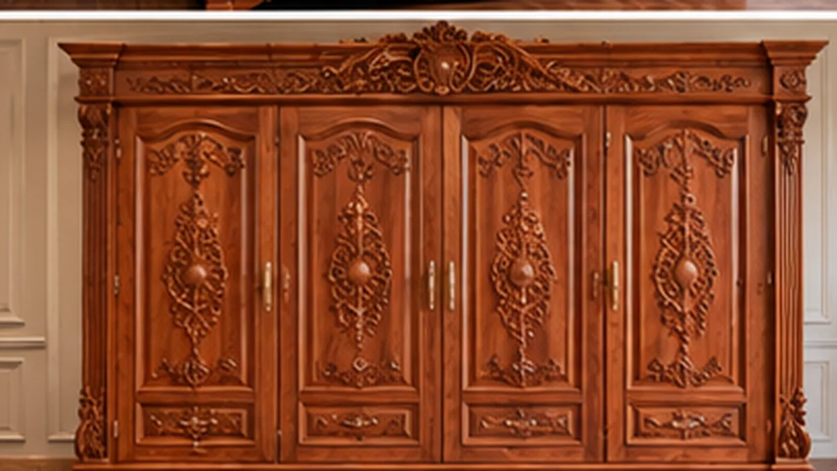 Tủ quần áo gỗ gõ đỏ phong cách cổ điển với hoa văn chạm khắc trên bốn cánh tủ